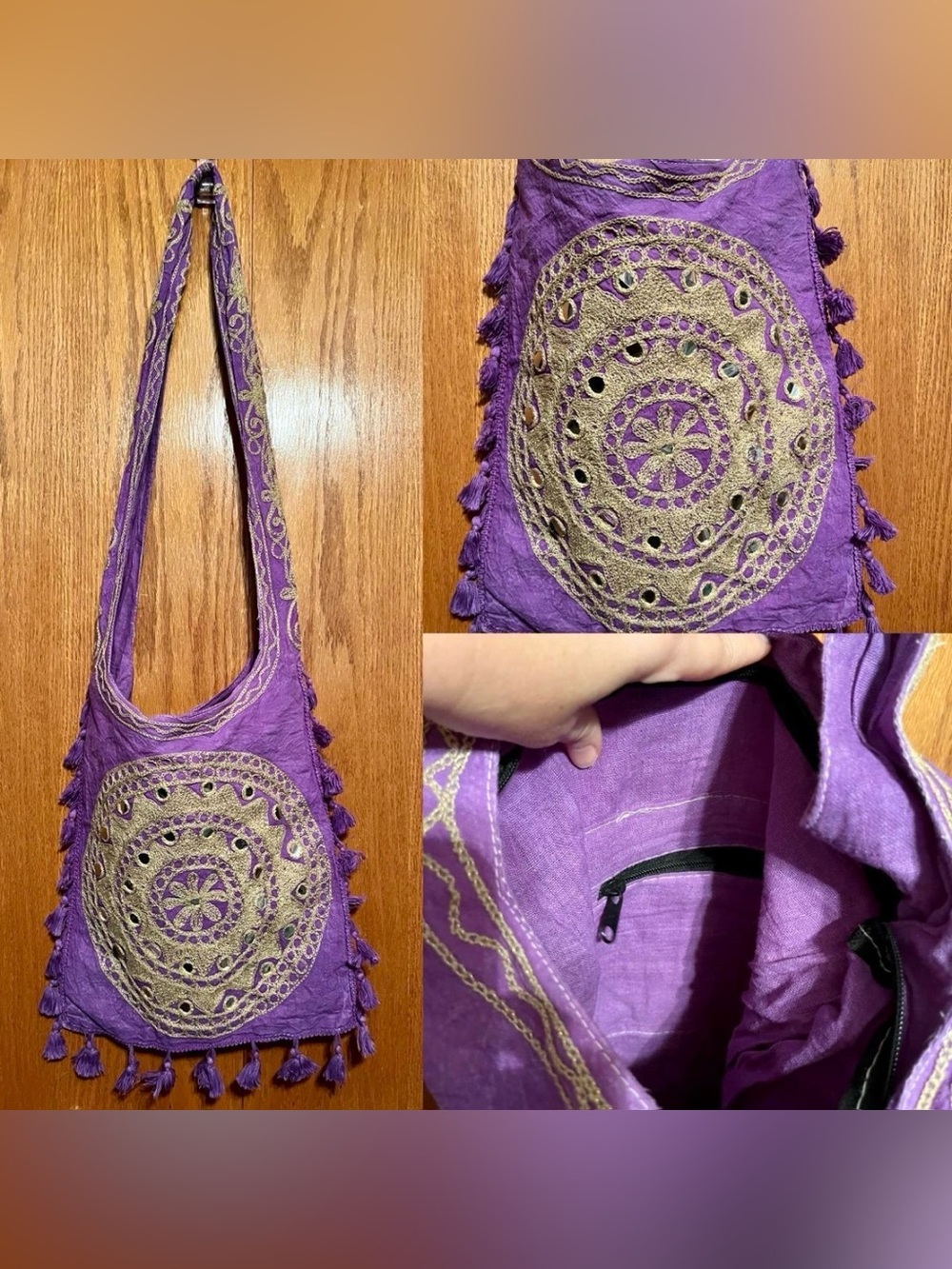 Purple Embroidered Circle-Detail Shoulder Bag - Unbranded